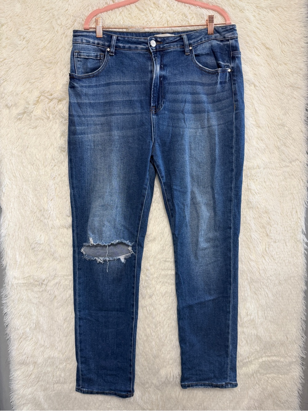 Risen Womens Distressed High Rise Straight Leg Jeans Size 1XL Medium Wash Grunge